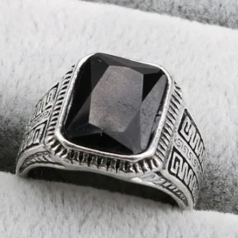 Alloy geometric ring with electroplated finish and artificial gem inlay in ancient silver colour, size 8