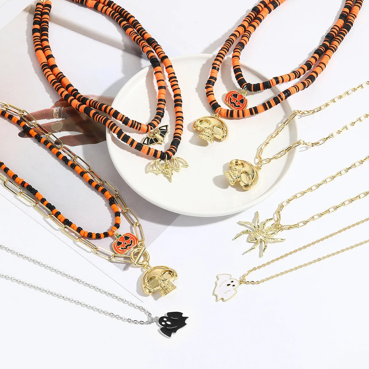 Halloween necklace with bat ghost skull pumpkin spider pendant, zinc alloy electroplated bamboo chain, multiple colour options