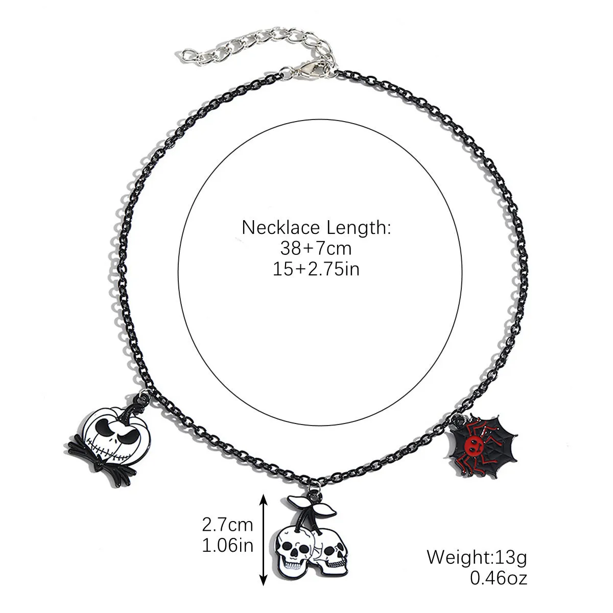 Halloween necklace with bat ghost skull pumpkin spider pendant, zinc alloy electroplated bamboo chain, multiple colour options