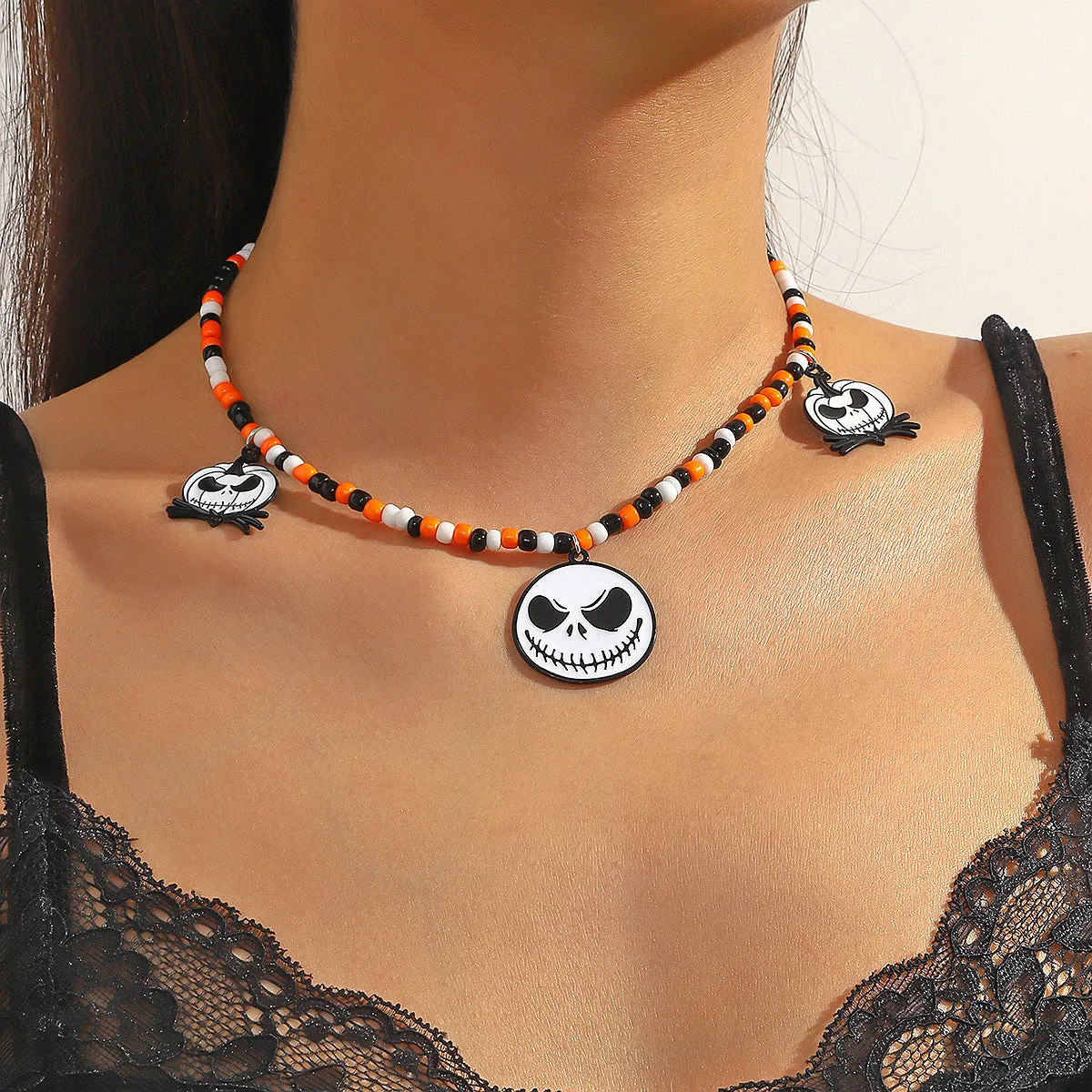 Halloween necklace with bat ghost skull pumpkin spider pendant, zinc alloy electroplated bamboo chain, multiple colour options