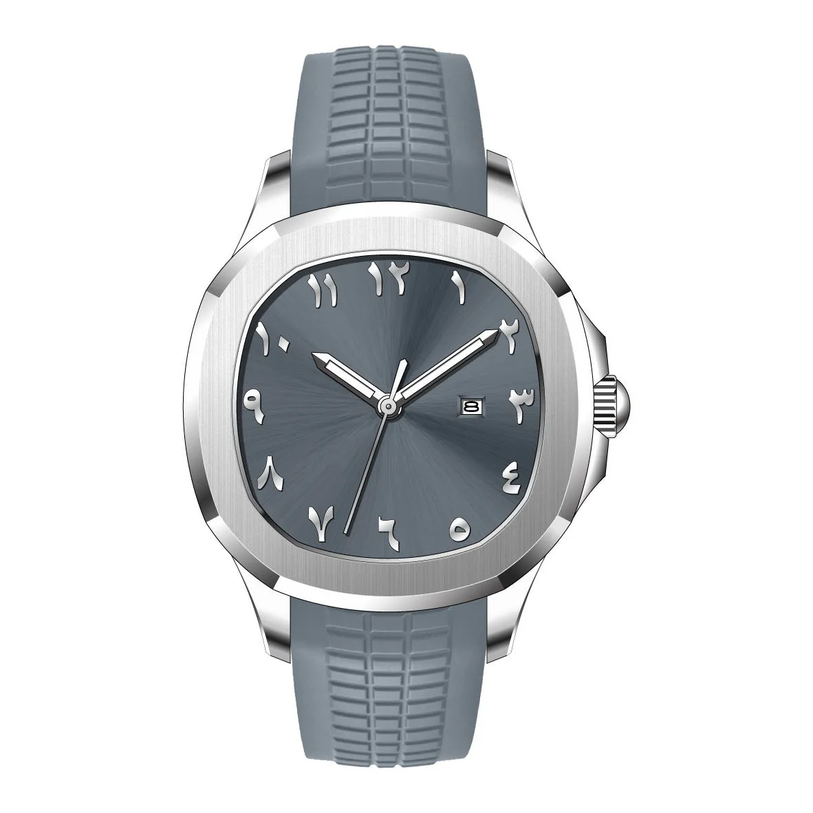 Classic Grenade silicone band quartz watch, grey strap with silver case, sporty style, 10mm thin