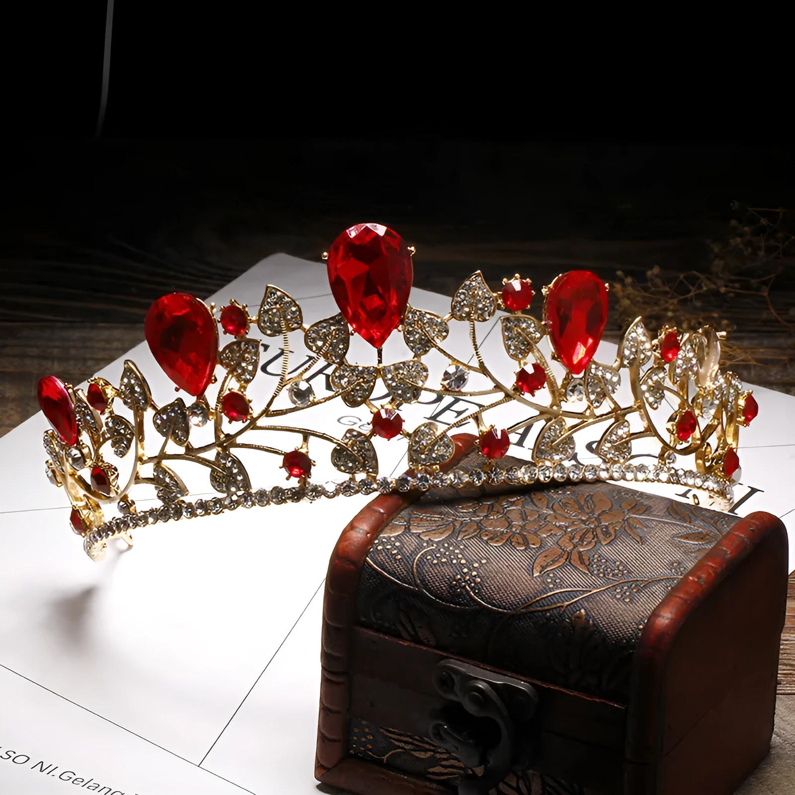 18K gold electroplated metal crown with rhinestone crystals on white background, six colour options for wedding hair accessory