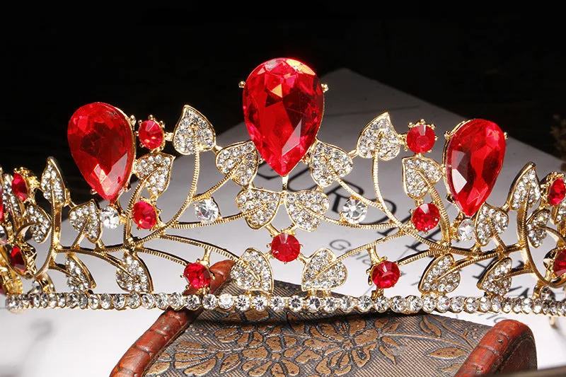 18K gold electroplated metal crown with rhinestone crystals on white background, six colour options for wedding hair accessory
