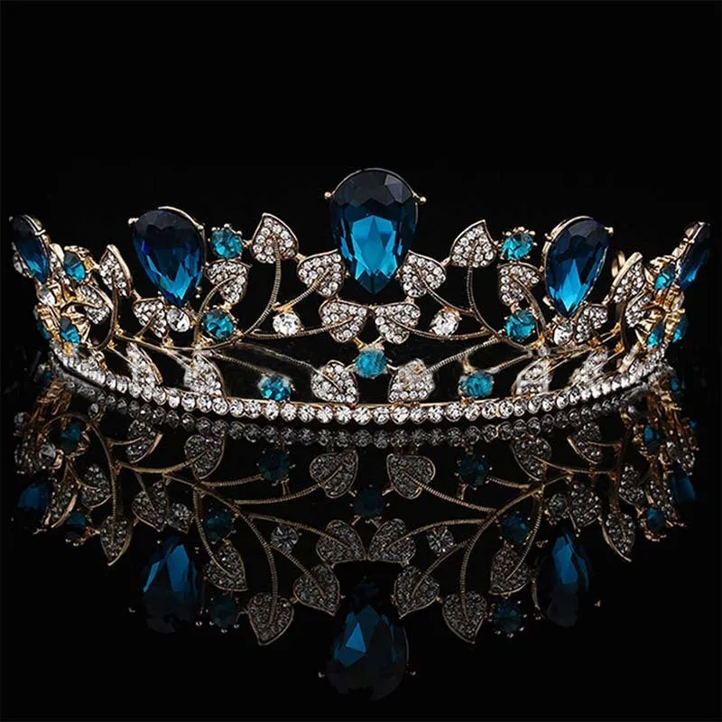 18K gold electroplated metal crown with rhinestone crystals on white background, six colour options for wedding hair accessory