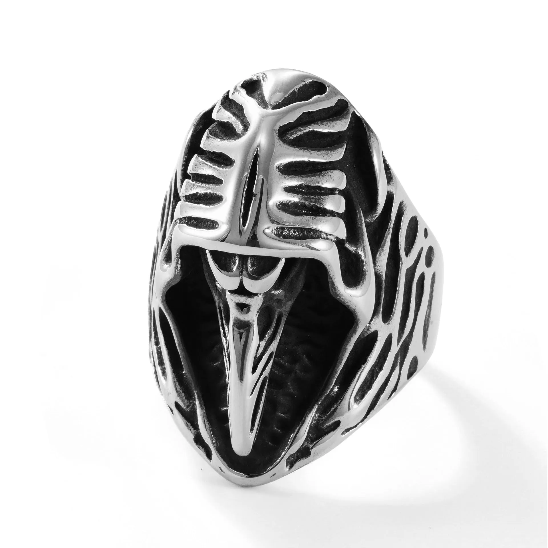 Geometric crow skull punk ring in MR166 colour with stainless steel construction showing detailed animal motif design