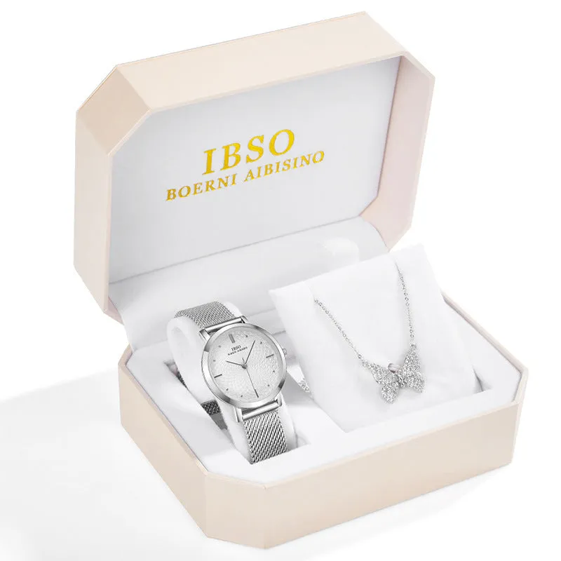 Rhinestone butterfly necklace quartz watch with round dial, alloy strap, and pin buckle
