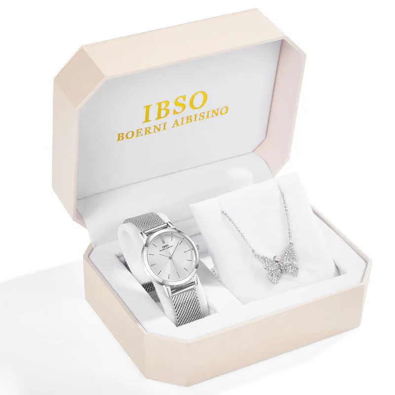Rhinestone butterfly necklace quartz watch with round dial, alloy strap, and pin buckle