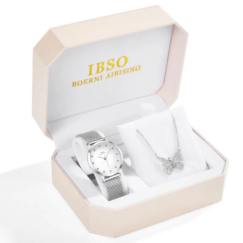Rhinestone butterfly necklace quartz watch with round dial, alloy strap, and pin buckle