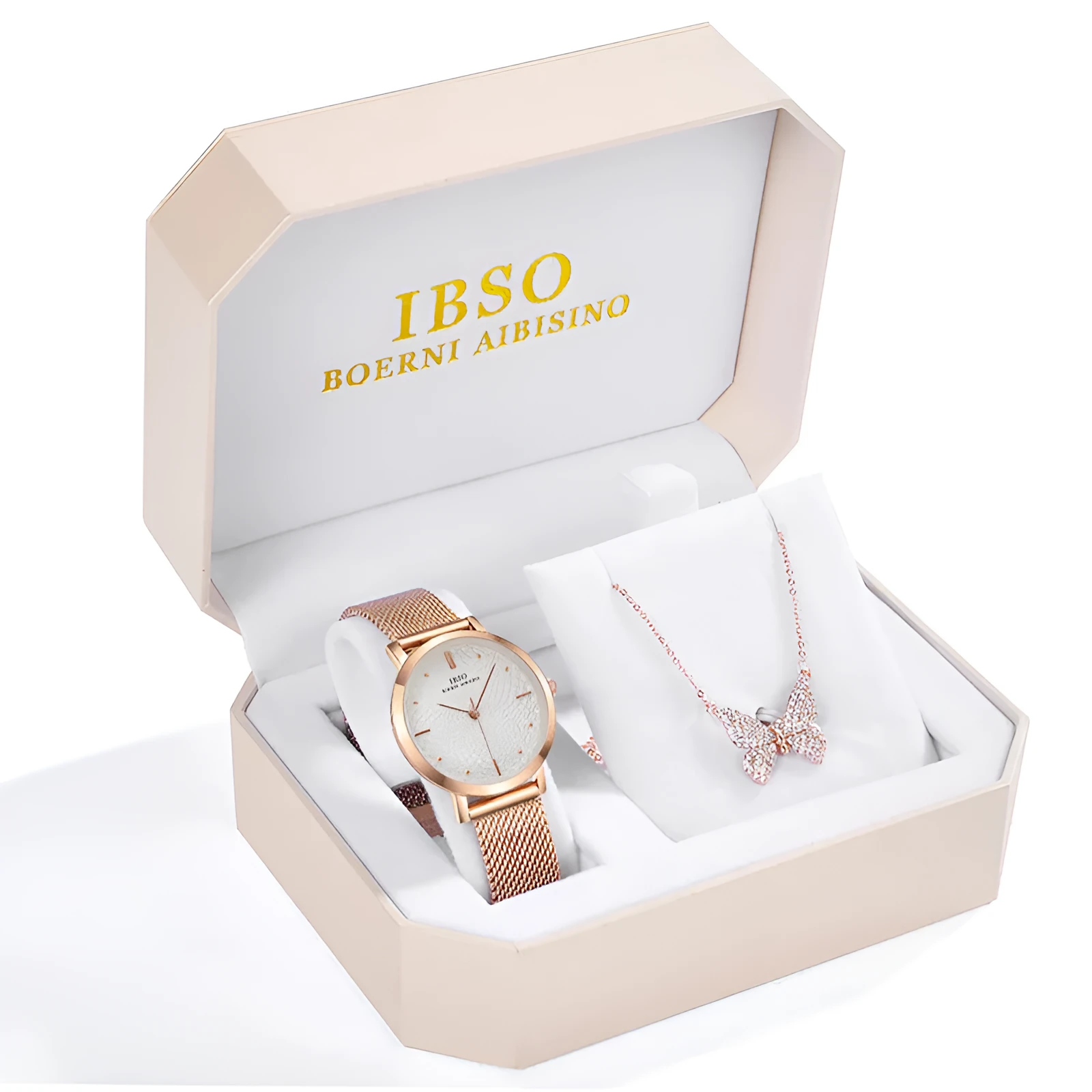 Rhinestone butterfly necklace quartz watch with round dial, alloy strap, and pin buckle
