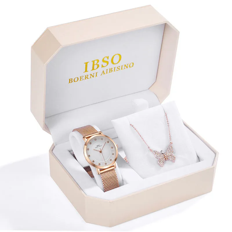 Rhinestone butterfly necklace quartz watch with round dial, alloy strap, and pin buckle