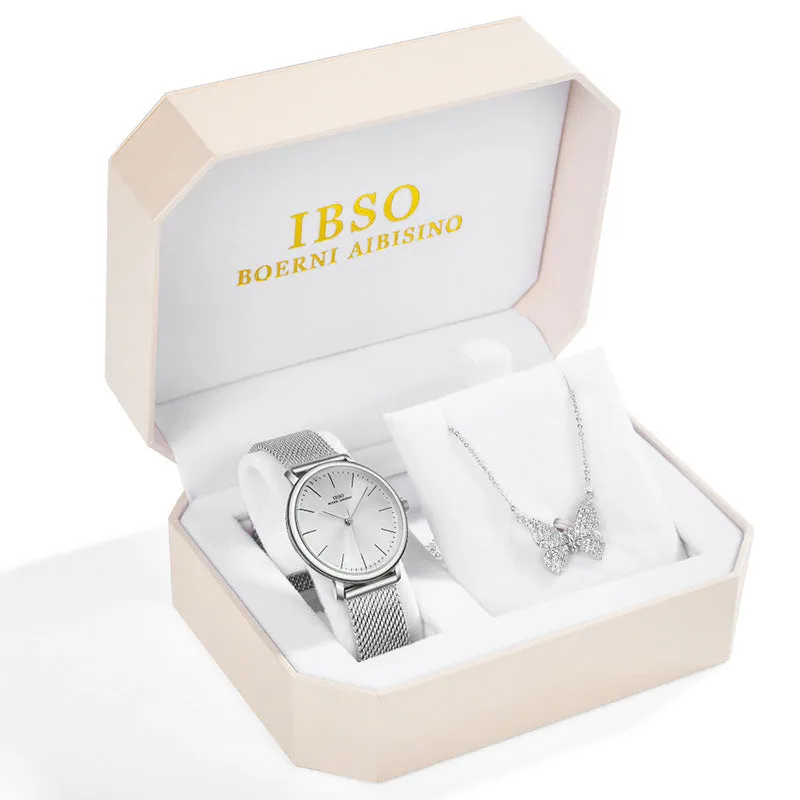 Rhinestone butterfly necklace quartz watch with round dial, alloy strap, and pin buckle
