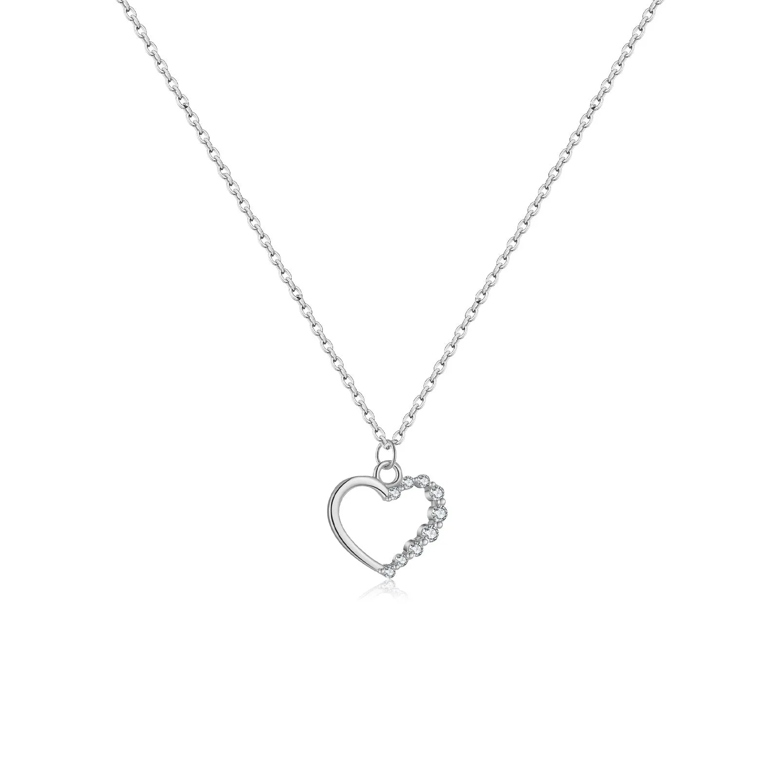 S925 sterling silver hollow heart pendant necklace with regular chain, available in white gold or 18K gold finish.