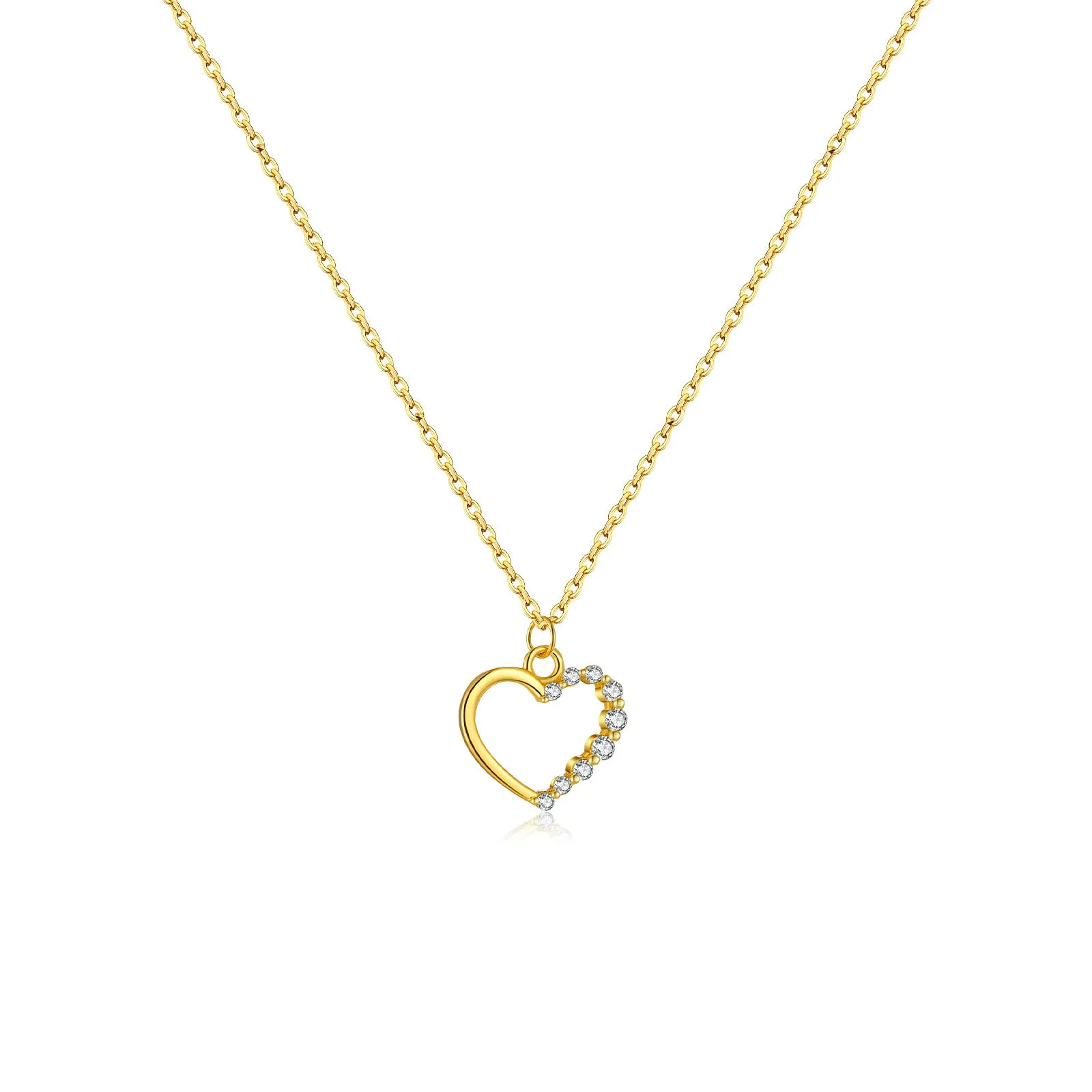 S925 sterling silver hollow heart pendant necklace with regular chain, available in white gold or 18K gold finish.