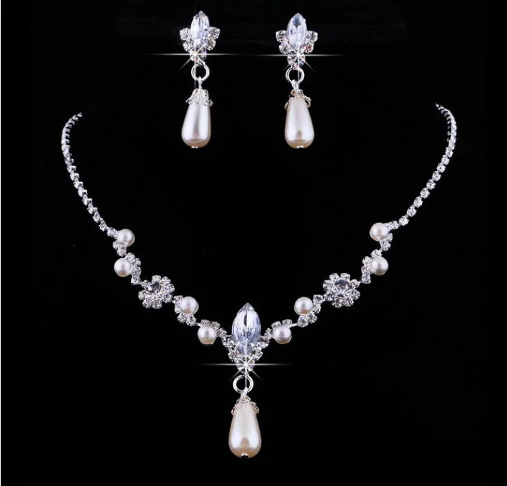 Drop pearl necklace and earrings set in white, blue, and pink for bridal and formal occasions