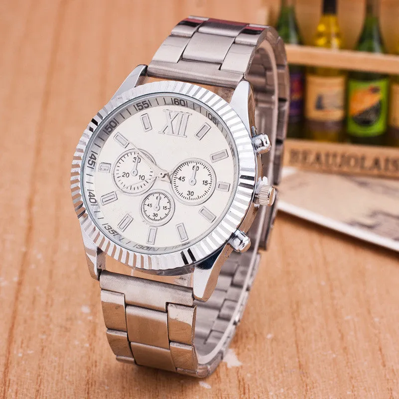 Ro Geneva quartz watch with 38mm round dial, alloy band, and single folding buckle in silver colour