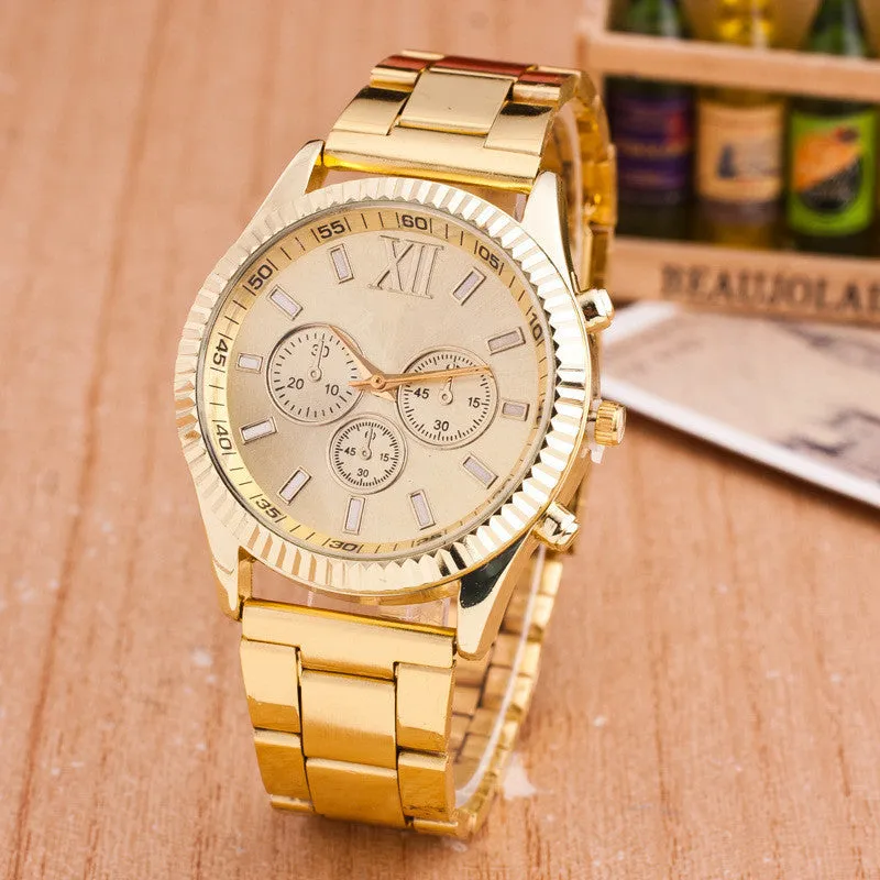 Ro Geneva quartz watch with 38mm round dial, alloy band, and single folding buckle in silver colour