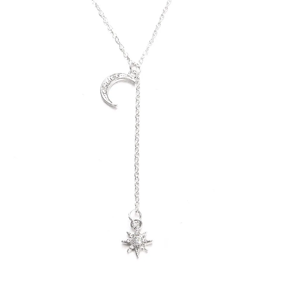 Retro moon sun star pendant necklace on snake bone chain, gold plated finish