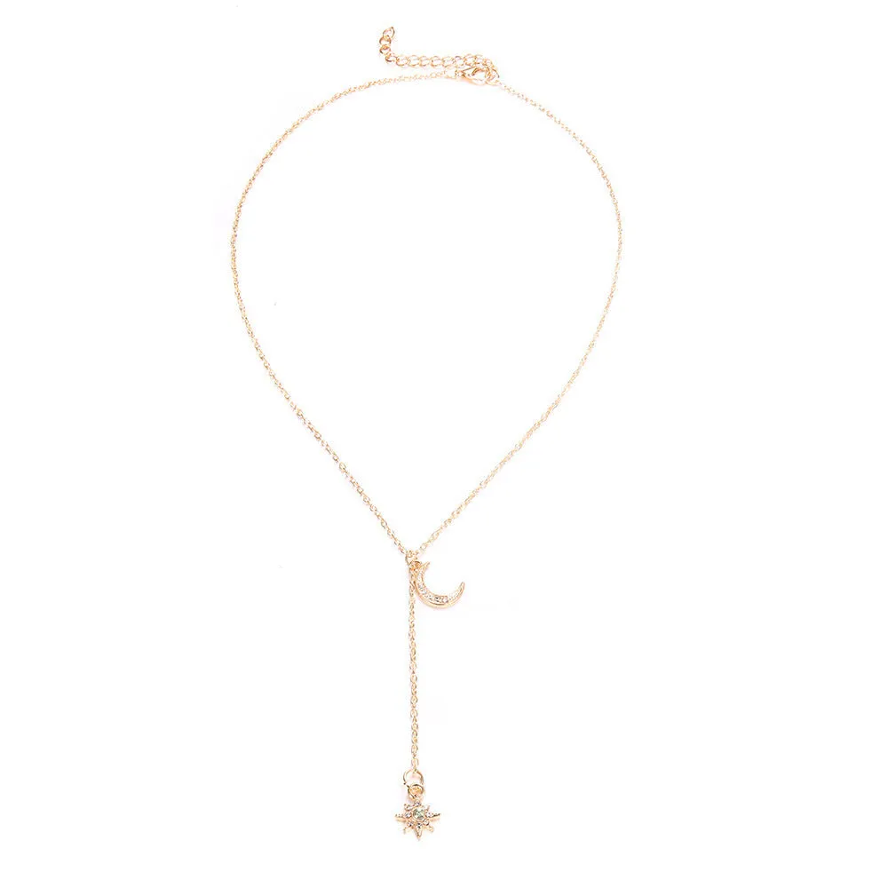 Retro moon sun star pendant necklace on snake bone chain, gold plated finish