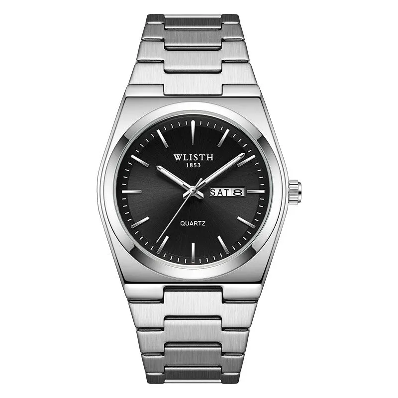 Waterproof luminous quartz ultra-thin men's watch with gold case and silver stripes, 10mm thickness, on display.