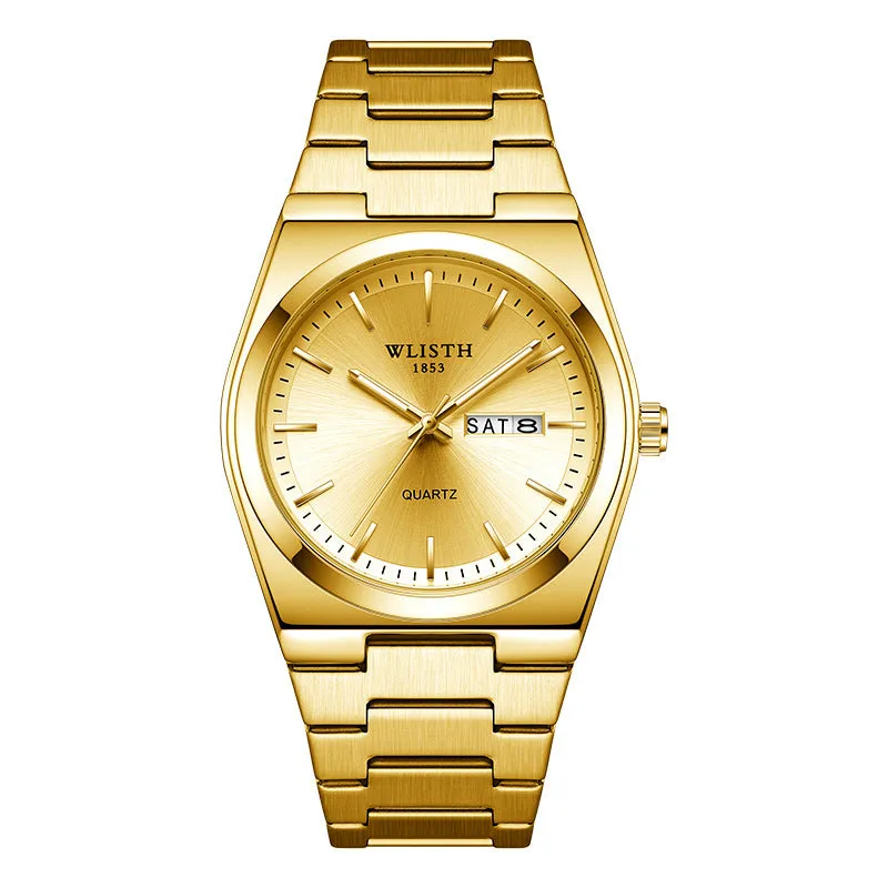 Waterproof luminous quartz ultra-thin men's watch with gold case and silver stripes, 10mm thickness, on display.