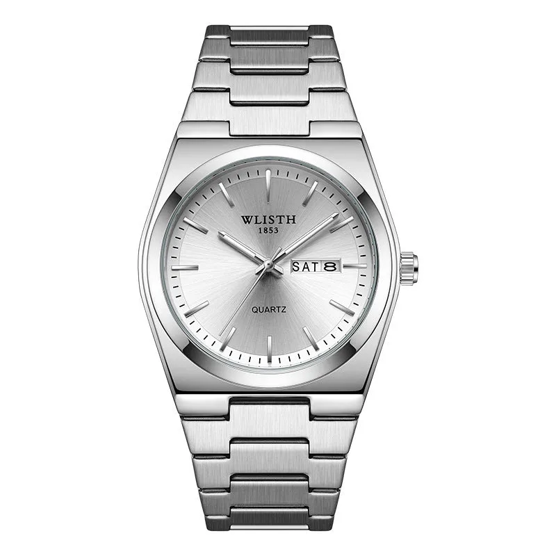 Waterproof luminous quartz ultra-thin men's watch with gold case and silver stripes, 10mm thickness, on display.