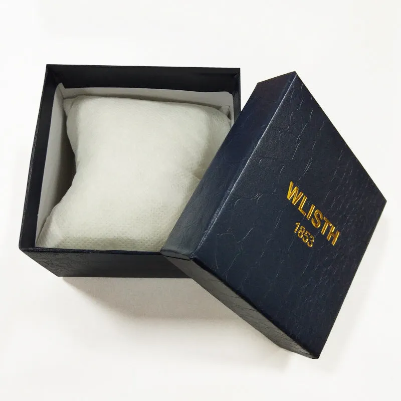 Waterproof luminous quartz ultra-thin men's watch with gold case and silver stripes, 10mm thickness, on display.