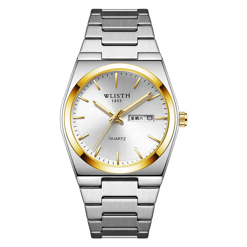Waterproof luminous quartz ultra-thin men's watch with gold case and silver stripes, 10mm thickness, on display.