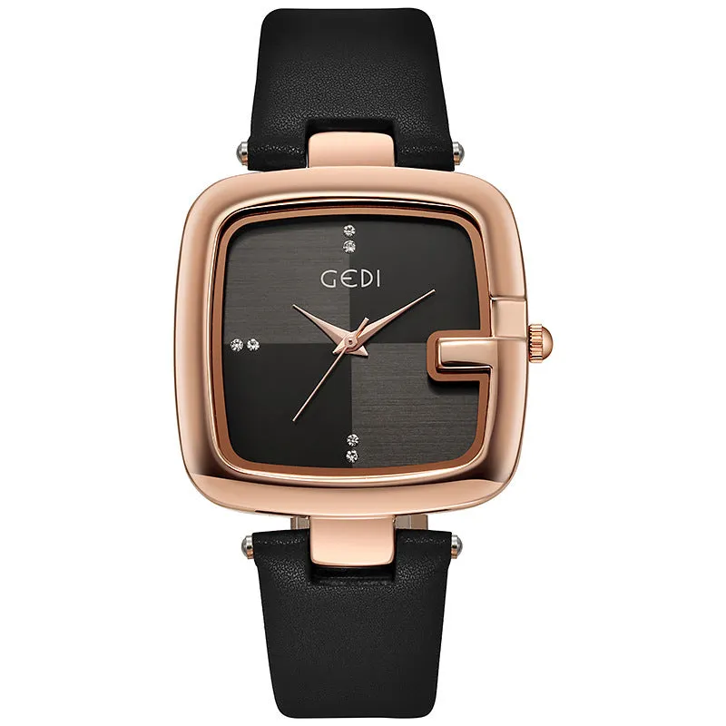 Women's quartz watch with leather strap in coffee colour showing 36mm dial and hardened glass