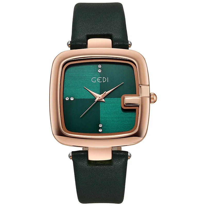 Women's quartz watch with leather strap in coffee colour showing 36mm dial and hardened glass