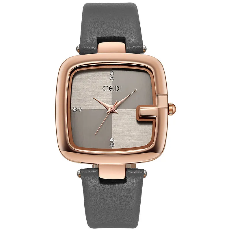 Women's quartz watch with leather strap in coffee colour showing 36mm dial and hardened glass