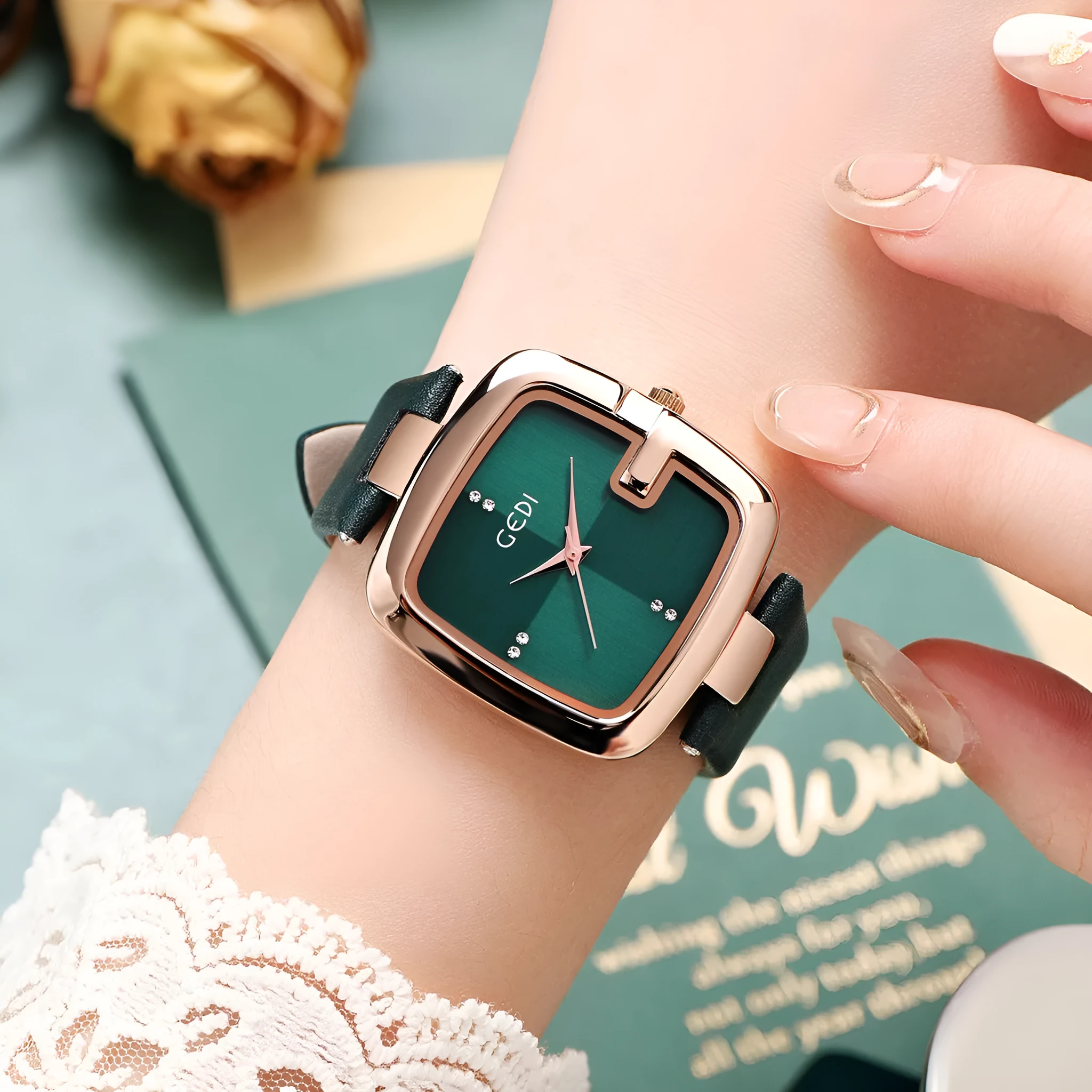 Women's quartz watch with leather strap in coffee colour showing 36mm dial and hardened glass