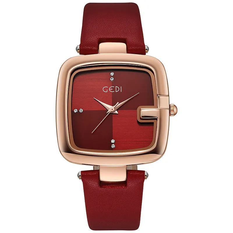 Women's quartz watch with leather strap in coffee colour showing 36mm dial and hardened glass