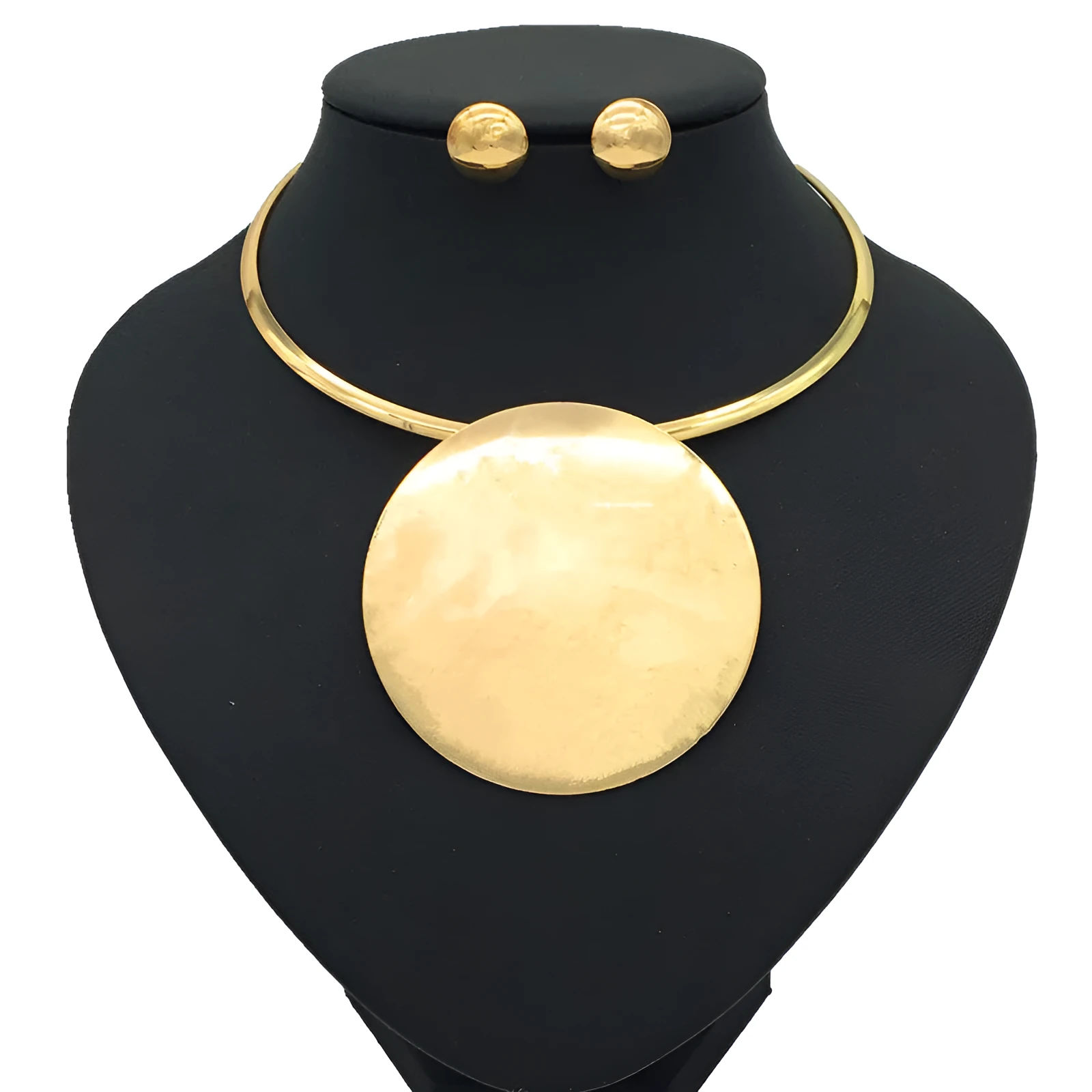 Gold alloy bead pendant necklace set on display with exaggerated design