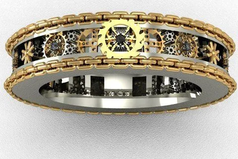 Gears carved finger ring in antique silver with electroplated gold finish, unisex, size 7
