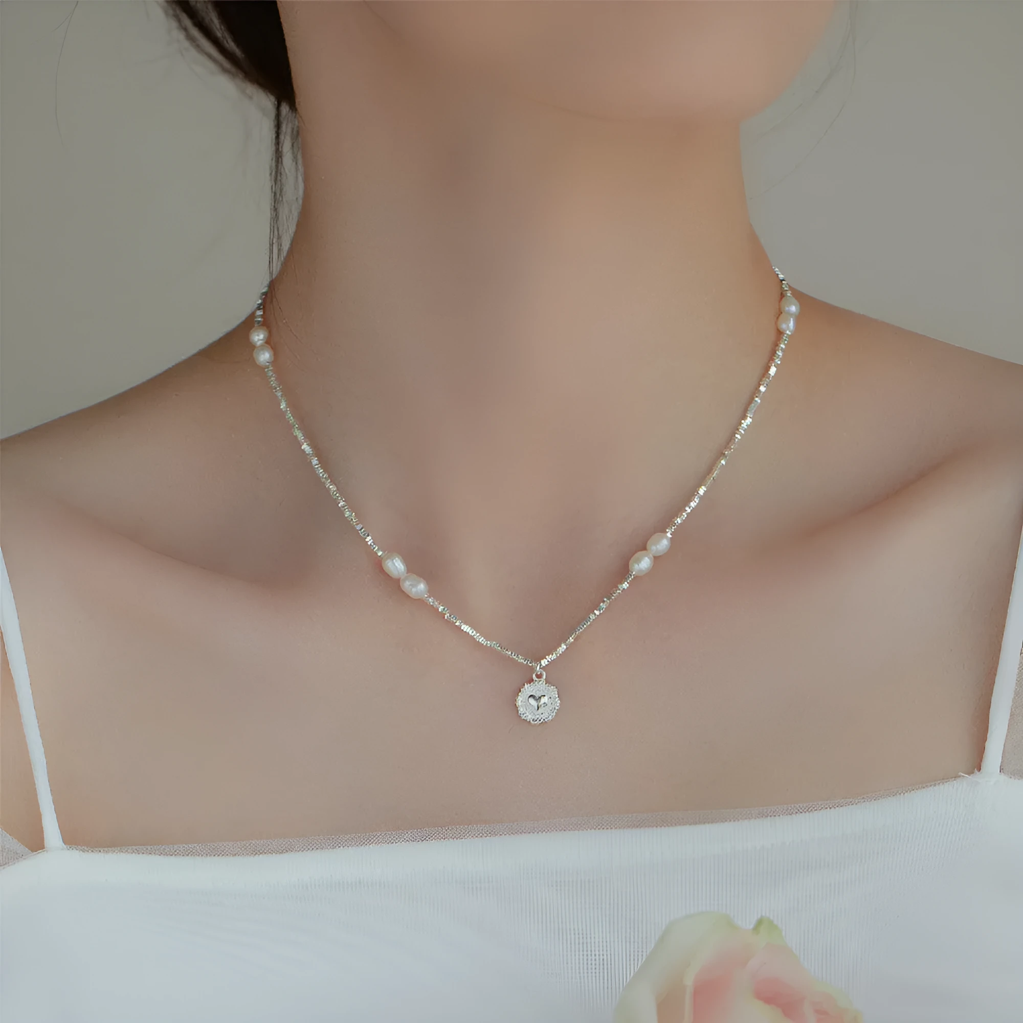 Fashion love heart pearl necklace for women with 925 sterling silver chain and 1.1cm pendant