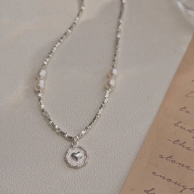 Fashion love heart pearl necklace for women with 925 sterling silver chain and 1.1cm pendant