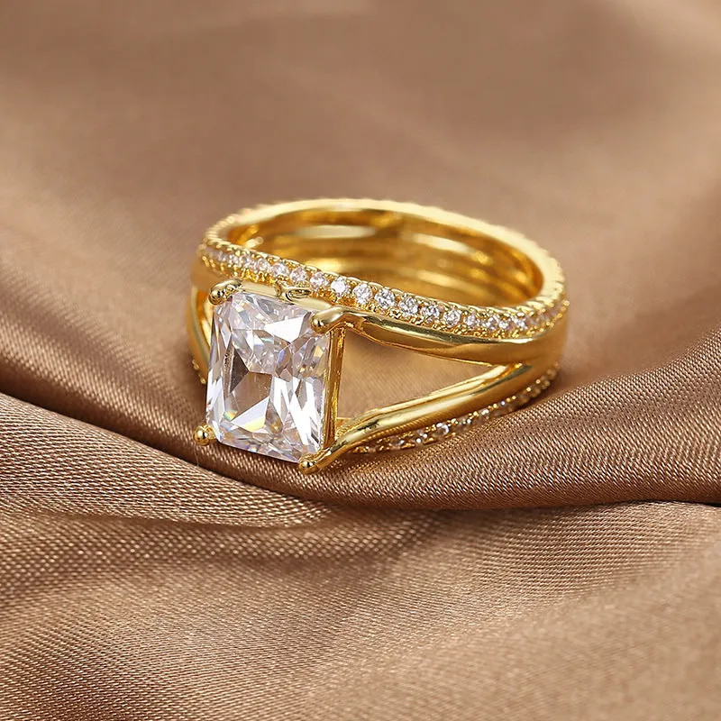 Gold geometric women's ring with square zircon stone on copper band
