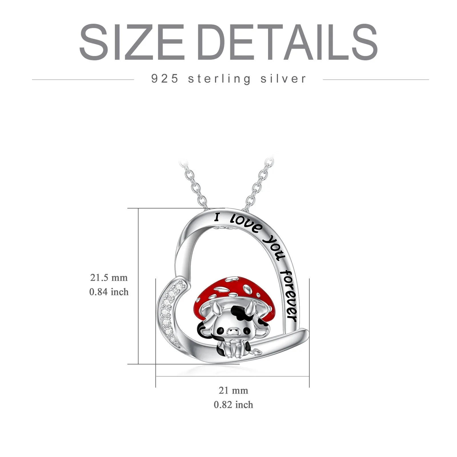 925 sterling silver cow necklace with mushroom hat pendant on love heart, silver, 18-inch cable chain
