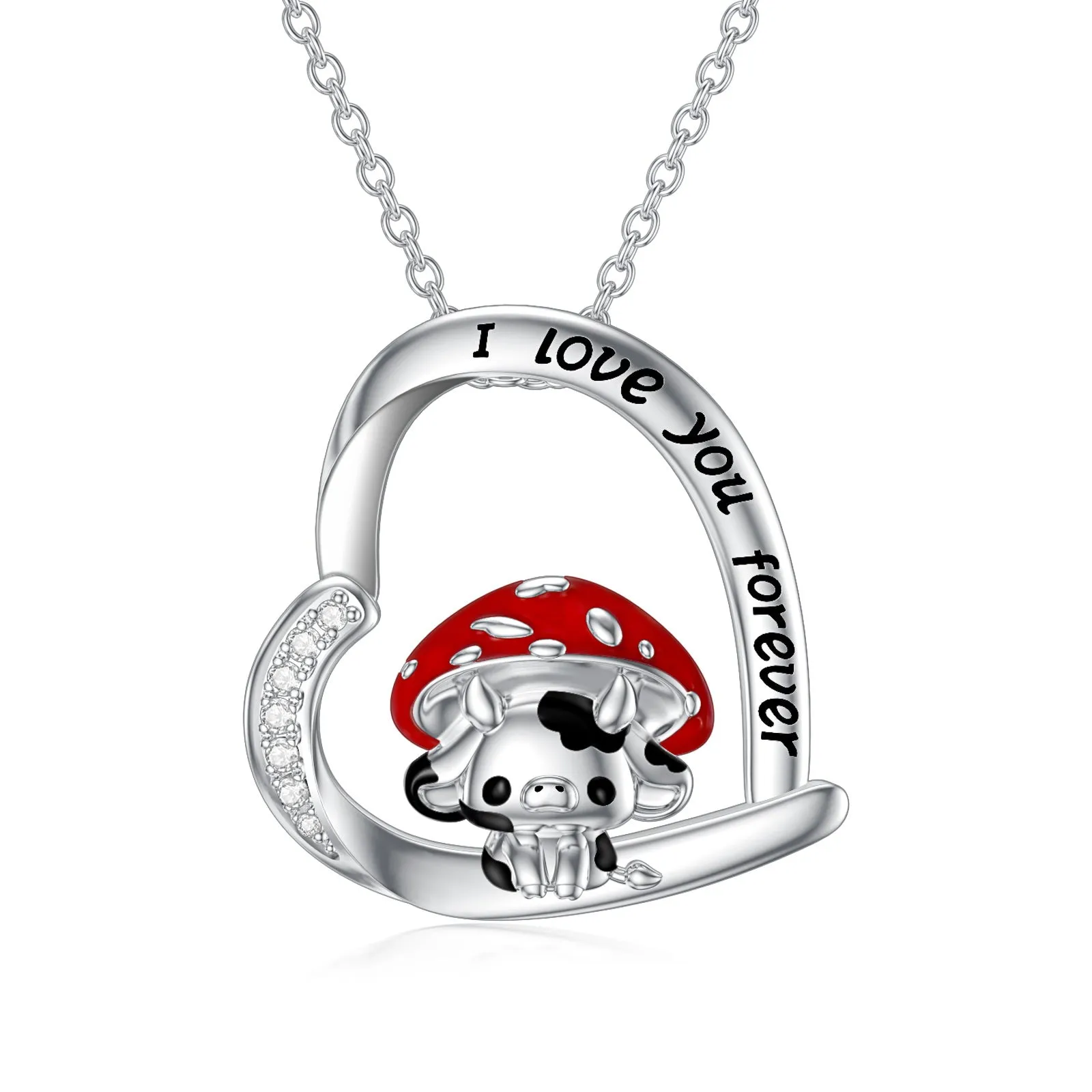 925 sterling silver cow necklace with mushroom hat pendant on love heart, silver, 18-inch cable chain