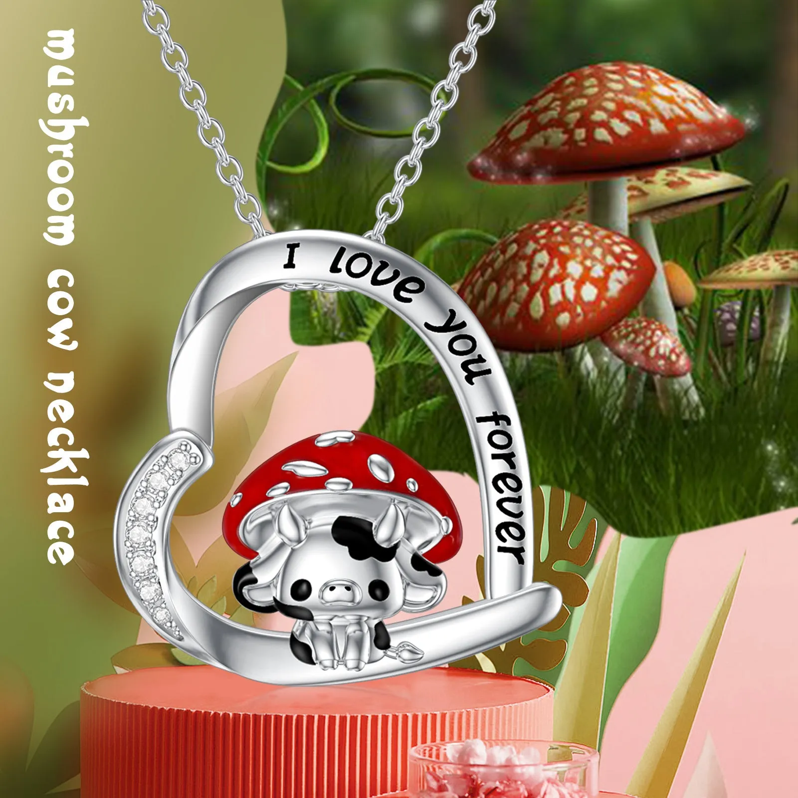 925 sterling silver cow necklace with mushroom hat pendant on love heart, silver, 18-inch cable chain