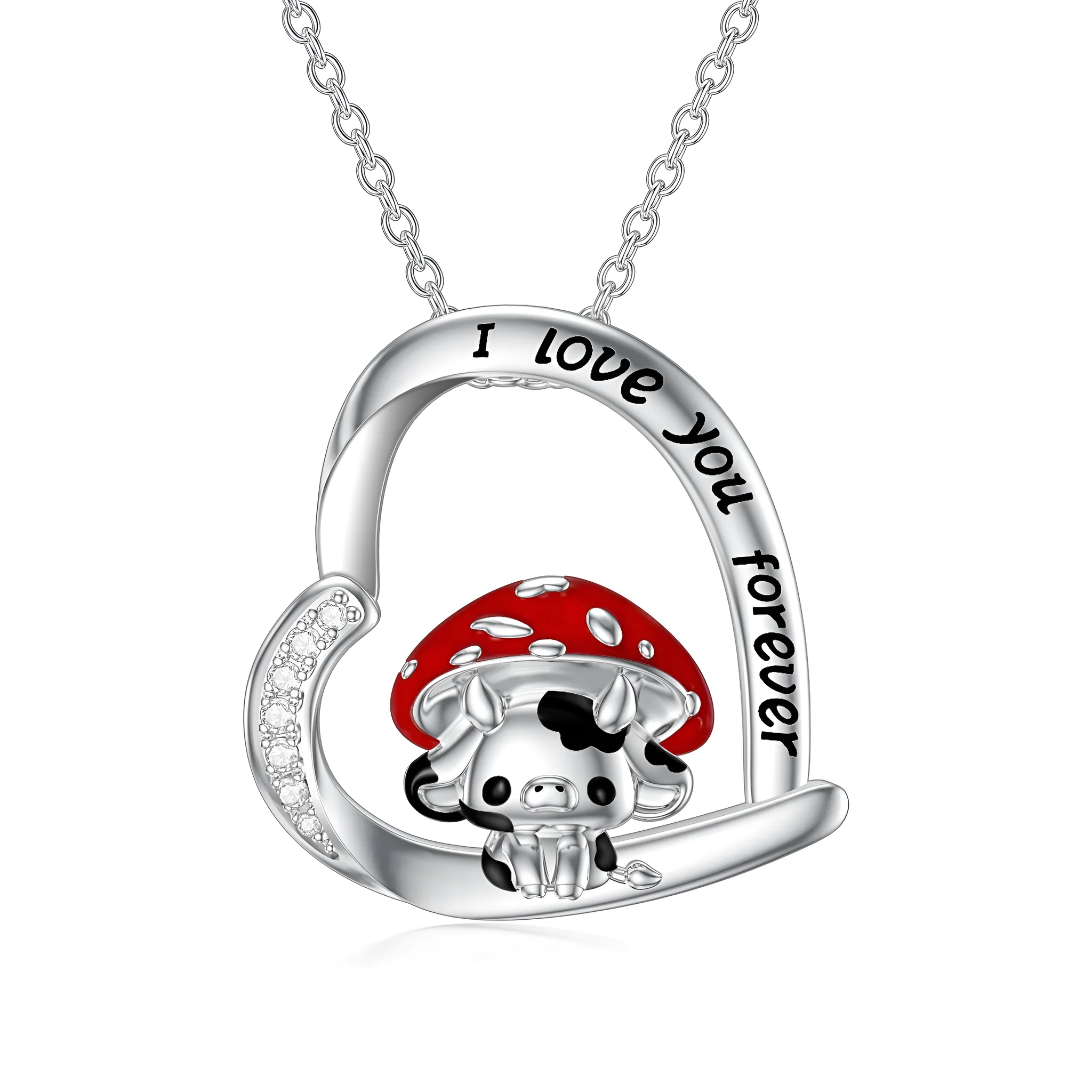 925 sterling silver cow necklace with mushroom hat pendant on love heart, silver, 18-inch cable chain
