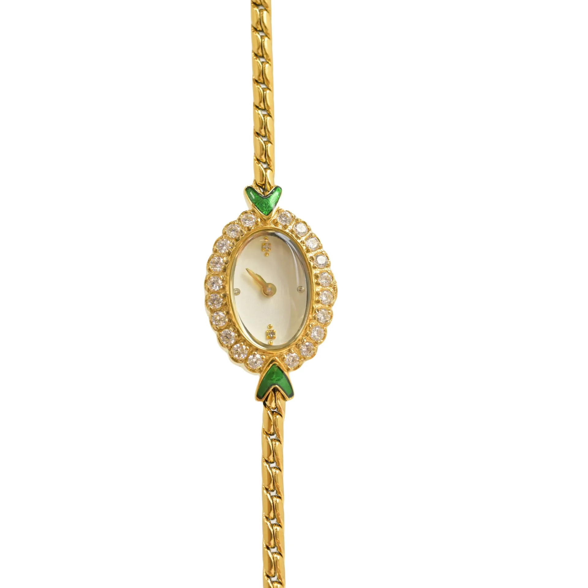 European small gold women's watch with handmade rhinestone inlay on a white background