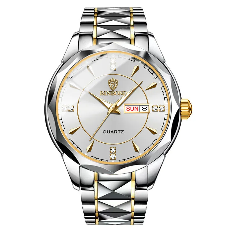 Men's waterproof quartz watch with calendar, 42mm dial, stainless steel strap, and glow-in-the-dark hands