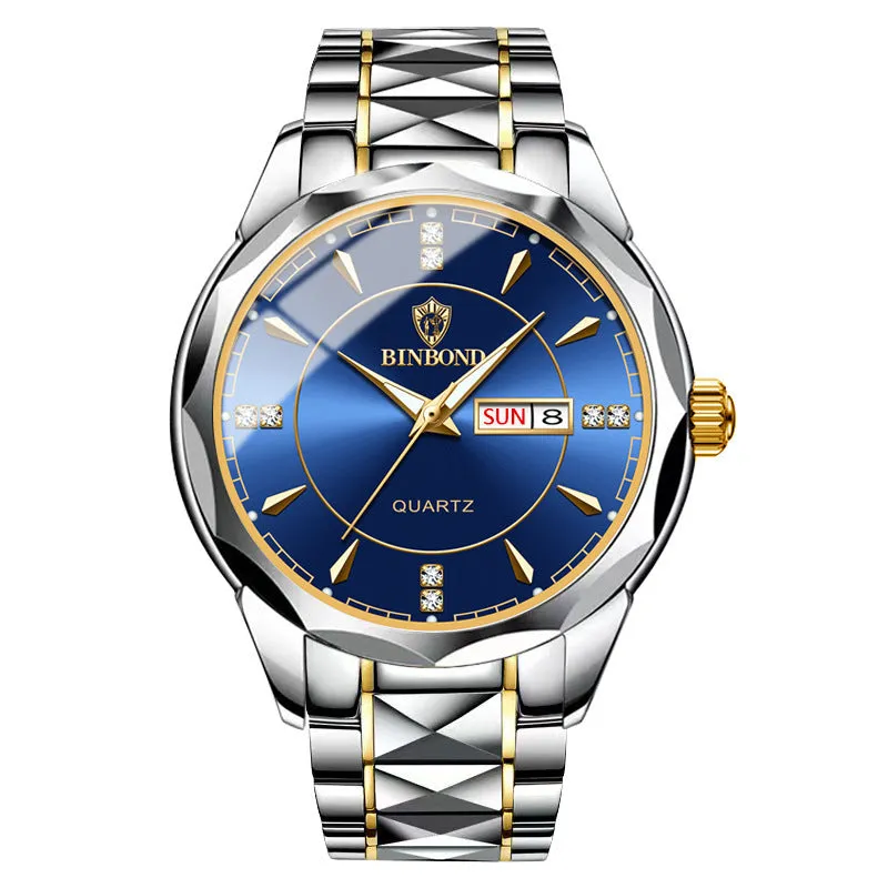 Men's waterproof quartz watch with calendar, 42mm dial, stainless steel strap, and glow-in-the-dark hands