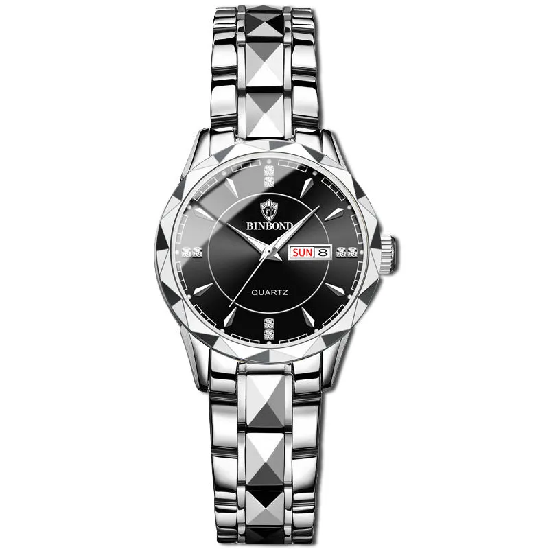 Men's waterproof quartz watch with calendar, 42mm dial, stainless steel strap, and glow-in-the-dark hands