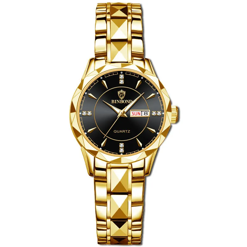 Men's waterproof quartz watch with calendar, 42mm dial, stainless steel strap, and glow-in-the-dark hands