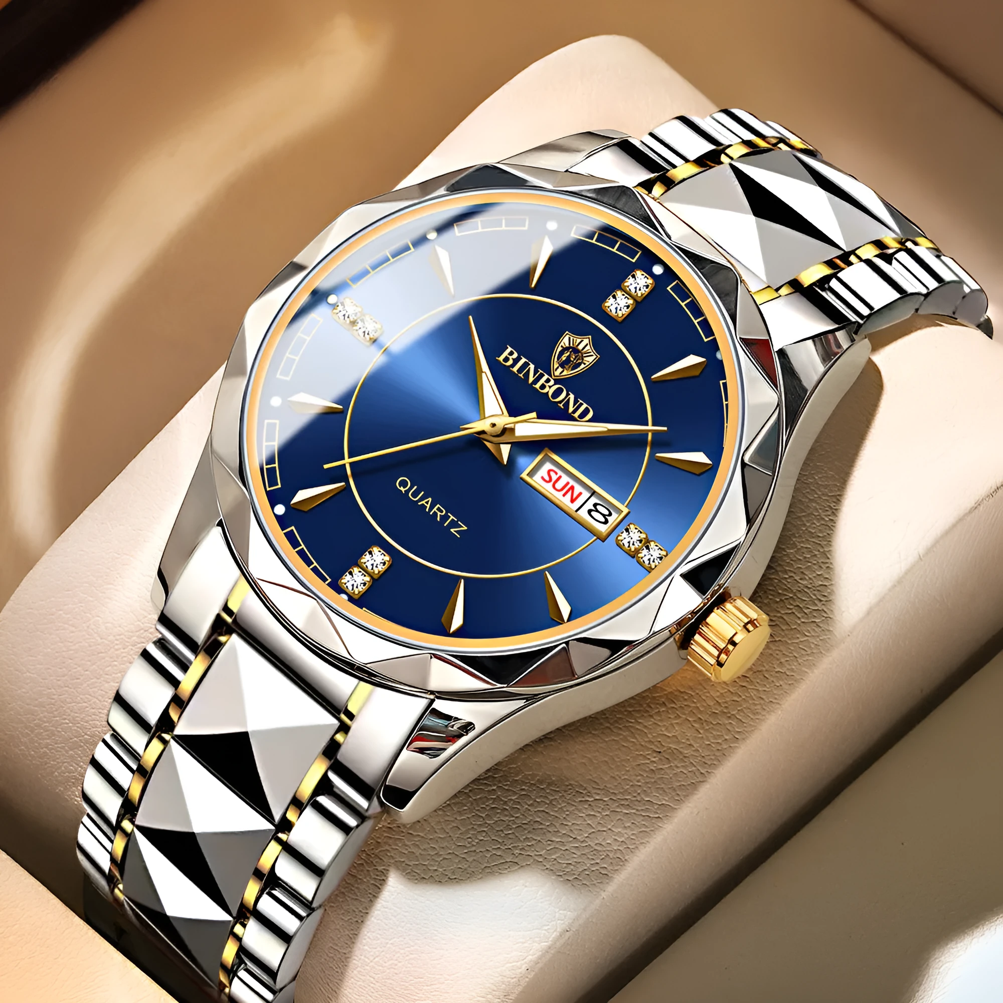 Men's waterproof quartz watch with calendar, 42mm dial, stainless steel strap, and glow-in-the-dark hands