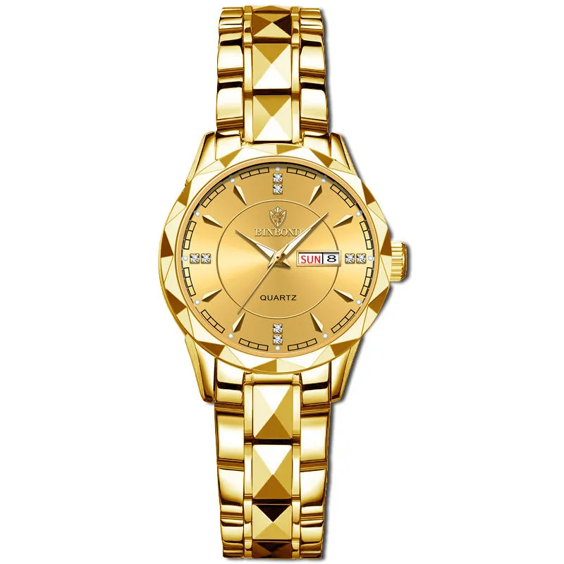 Men's waterproof quartz watch with calendar, 42mm dial, stainless steel strap, and glow-in-the-dark hands