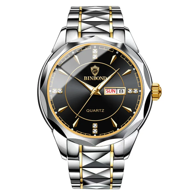 Men's waterproof quartz watch with calendar, 42mm dial, stainless steel strap, and glow-in-the-dark hands