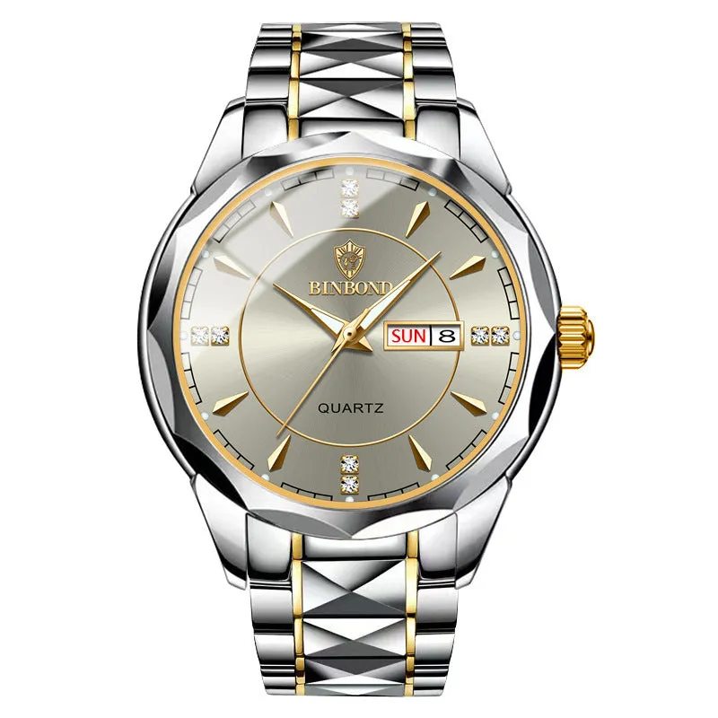 Men's waterproof quartz watch with calendar, 42mm dial, stainless steel strap, and glow-in-the-dark hands